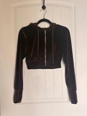 Cropped Velvet Zip-Up Hoodie and Shorts Set in Brown